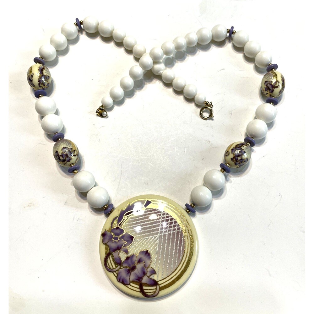 Vintage Japan Morning Glory Necklace Purple White Spring Easter Flower Jewelry